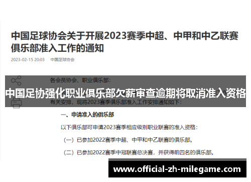 中国足协强化职业俱乐部欠薪审查逾期将取消准入资格