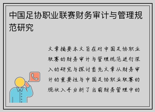 中国足协职业联赛财务审计与管理规范研究