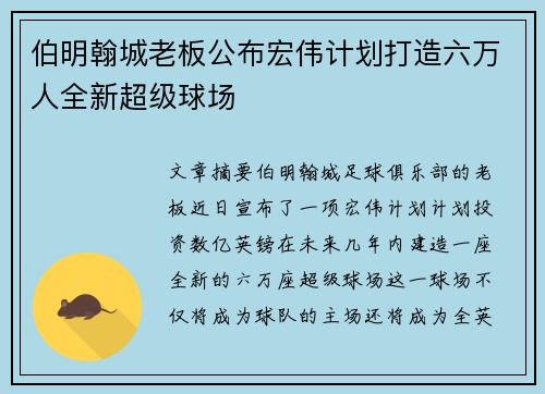 伯明翰城老板公布宏伟计划打造六万人全新超级球场 伯明翰城老板公布宏伟计划打造六万人全新超级球场